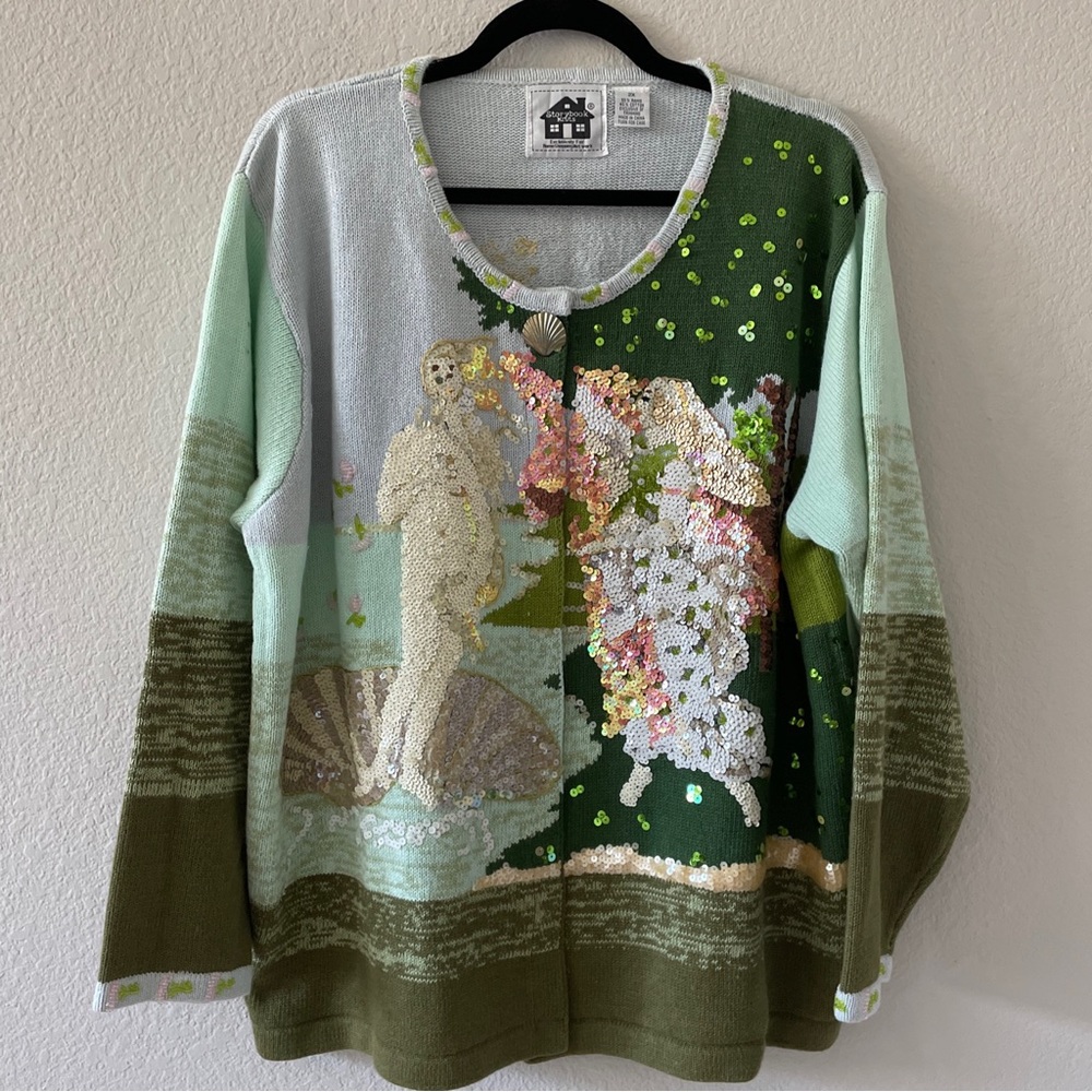 STORYBOOK KNITS Cardigan Plus Sz 2X Sequins Beads Embroidery Botticelli’s Venus